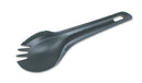 Black Wildo spork combining spoon, fork, and knife features a hole for easy hanging, ideal for camping and outdoor use.