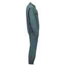 Side view of genuine French Air Force olive green mechanic coverall with double zipper and elastic cuffs