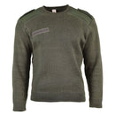 Genuine French army olive commando jumper with round neck, wool blend, reinforced shoulders and elbows for durability.