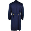 Back view of a genuine Italian army blue wool overcoat with a military-style belt and gold buttons.