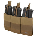 Helikon-Tex triple carbine magazine pouch in tan Cordura, holds three M4 MOLLE magazines securely for quick access.