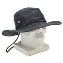 Black MFH military style boonie hat with wide brim, ventilation holes, and adjustable chin strap on display bust