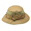 Tan military tactical boonie hat with mesh panels and MOLLE loops for summer outdoor use and camouflage blending.