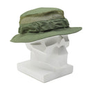 Green military tactical boonie hat with mesh top and molle loops displayed on white mannequin head