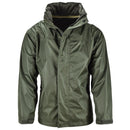 Olive green Mil-Tec men's waterproof jacket with zip and button storm flap, adjustable hood, and Velcro cuffs.
