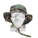 Mil-Tec military style woodland camo boonie hat with ripstop fabric, chin strap, and breathable lightweight design.