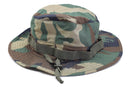 Mil-Tec lightweight ripstop woodland camo boonie hat with chin strap for outdoor and military use.