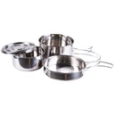 MIL-TEC stainless steel 4-piece cookware set with pot, pan, and plate for camping and outdoor cooking.