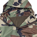 Close-up of MIL-TEC German Military winter woodland camo jacket hood with windproof outer shell and fleece lining