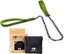 Compact Nordic Pocket Saw hand chainsaw with green nylon handles and black carrying case with packaging box