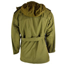 Back view of original Czech army M85 field parka in olive with hood and adjustable waist belt winter jacket