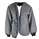 Gray wool-lined military jacket liner with button closure and elastic cuffs, designed for cold weather insulation