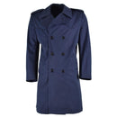 Original vintage Italian military double-breasted trenchcoat raincoat in plain khaki blue waterproof fabric