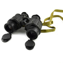 Original Romanian army IOR 7x40 military binoculars with rubber coating and protective lens caps on white background