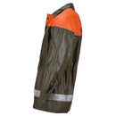 Original Swiss army waterproof rain jacket in olive and orange with reflective tape and adjustable waist, perfect for outdoor use.