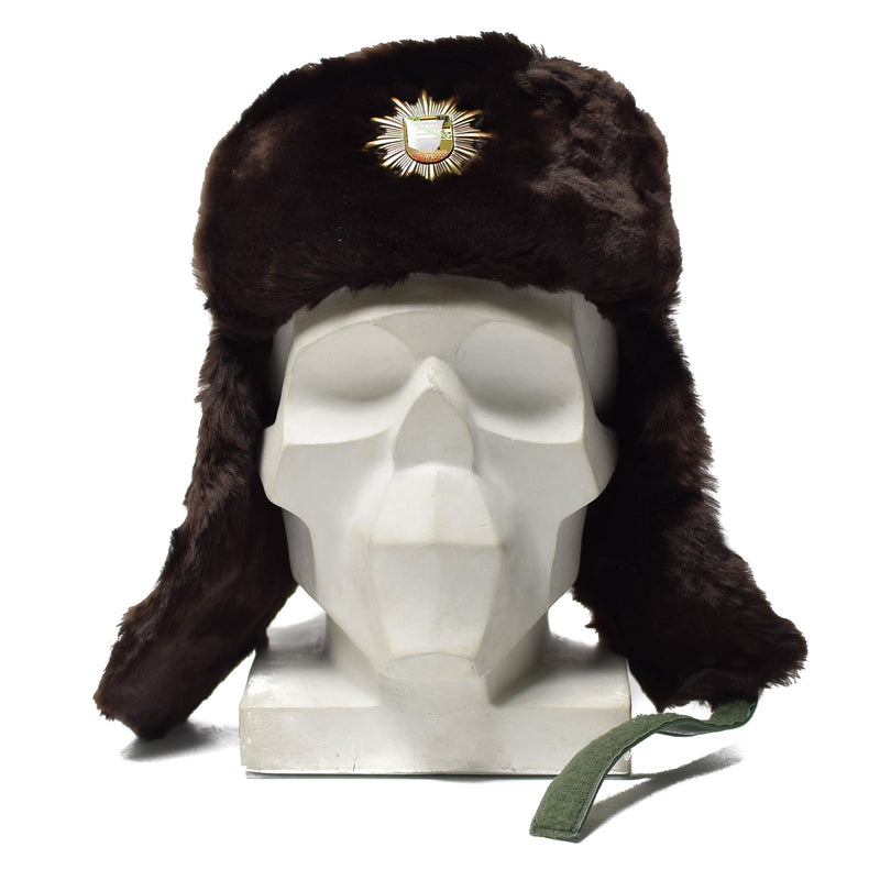 Original deutsche Polizei warme Wintermütze kaltes Wetter Kunstpelz Uschanka Abzeichen NEU