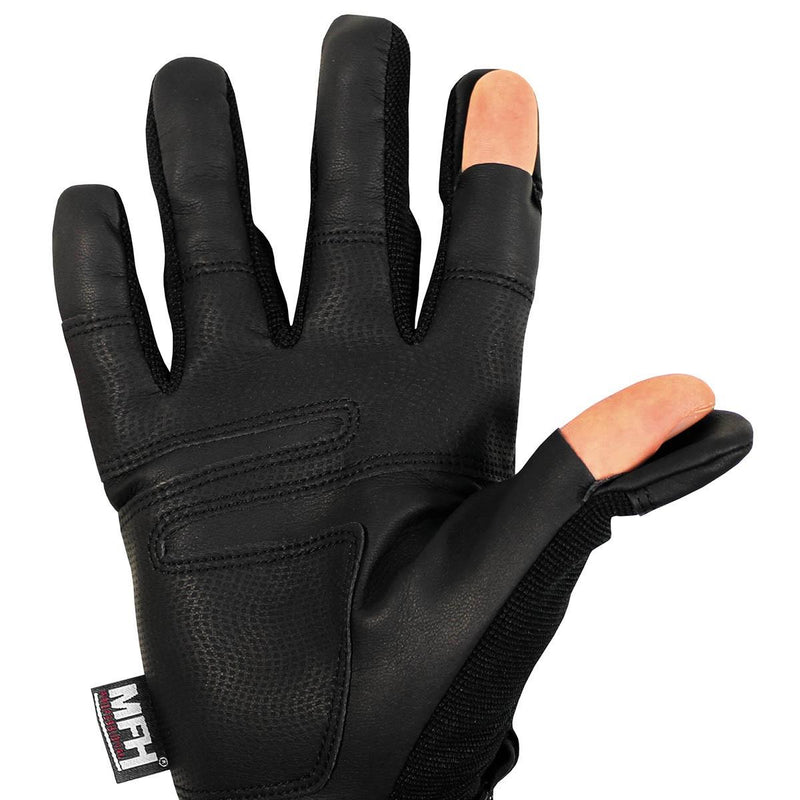 Taktische Handschuhe im Militärstil der Marke MFH, schwarz, atmungsaktiv, mit frei beweglichen Schießfingern