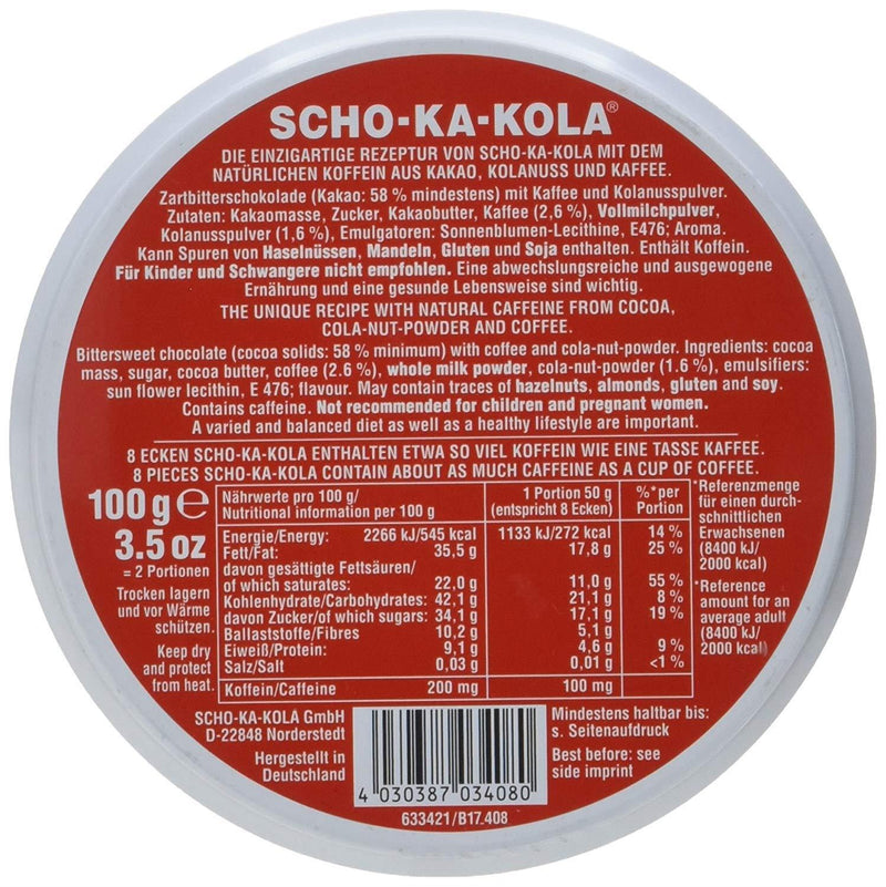 German Energy Zartbitterschokolade SCHO-KA-KOLA Koffein &amp; Cola-Nuss 100 g Blechdose