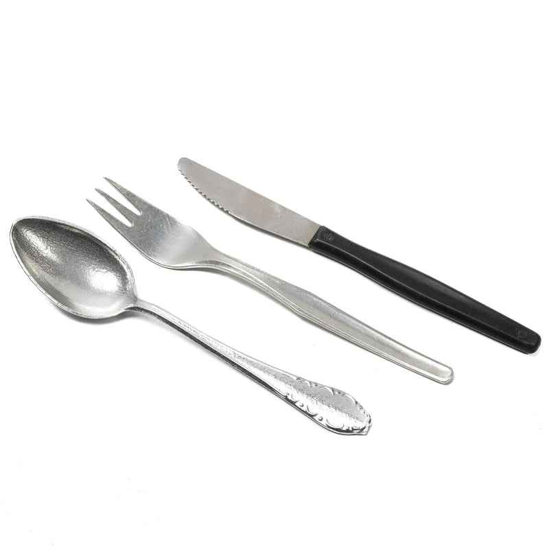 Original 3-teiliges Besteckset aus Aluminium der tschechischen Armee, weiße Tasche, Militärüberschuss