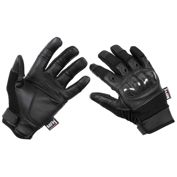 Taktische Handschuhe im Militärstil der Marke MFH, schwarz, atmungsaktiv, mit frei beweglichen Schießfingern