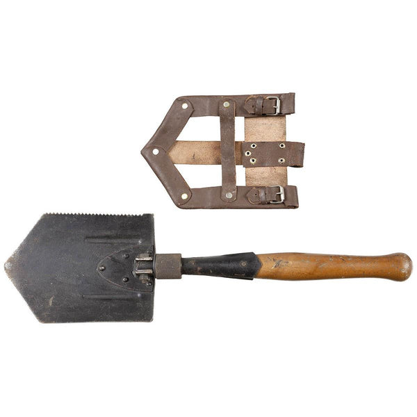 Original rumänische Armee faltbare gezackte Schaufel Holzgriff Lederscheide