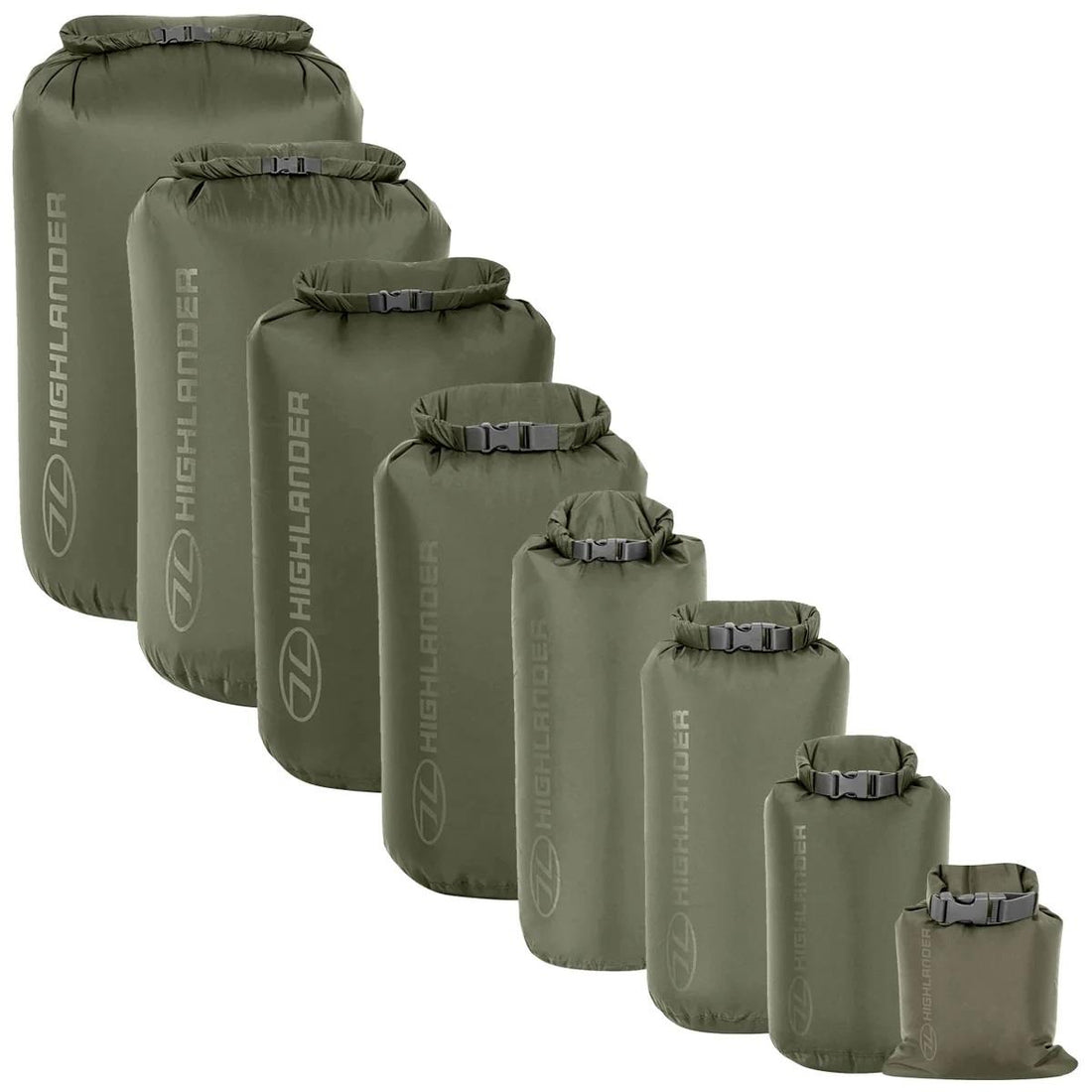 Original schottische Militär-Trockentaschen, 1 l–40 l, Rollverschluss, Schnellverschluss, Olivgrün
