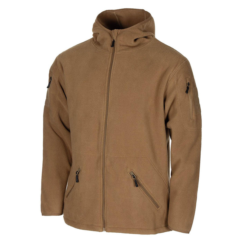 MFH Militärstil, hellbraun, taktische Fleecejacke mit Kapuze, für Outdoor-Wandern, durchgehender Reißverschluss, NEU