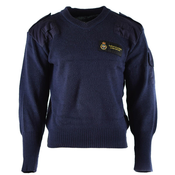 Original britischer Pullover Commando Jumper des Verteidigungsdienstes, blauer Pullover mit V-Ausschnitt
