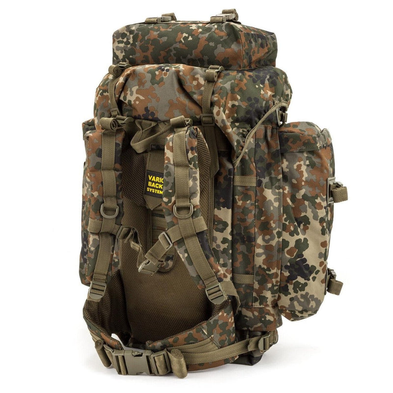 A.Blochl large 80L flecktarn camouflage tactical backpack with padded straps, hip belt, D-rings, and Molle loops for outdoor and military use