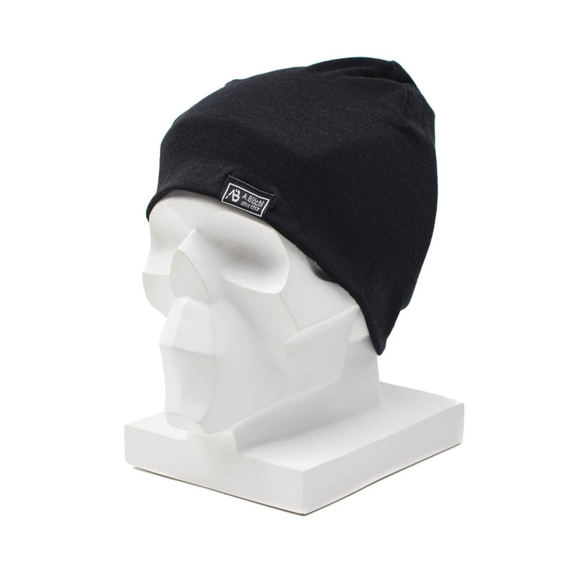 Black A.Blochl Merino wool military-style breathable watch cap beanie displayed on white mannequin head
