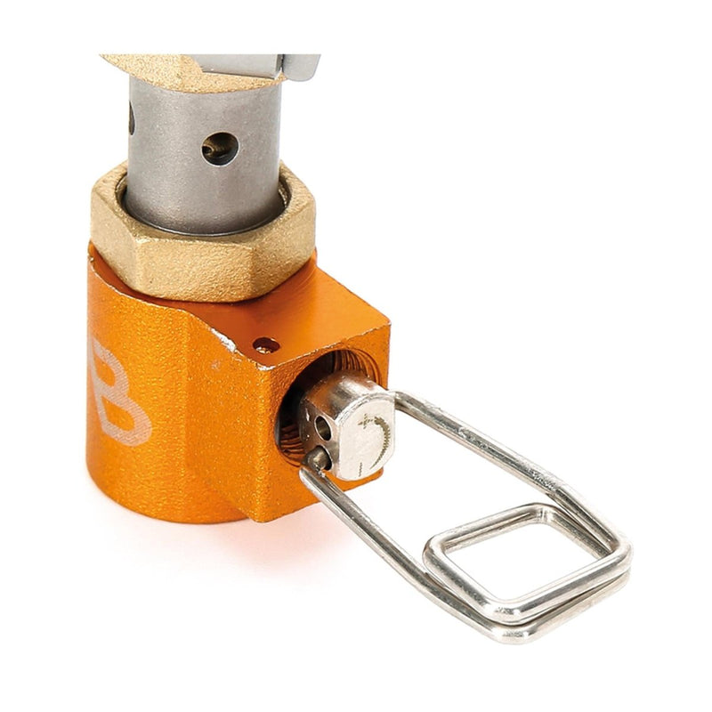 Close-up of the foldable lightweight titanium burner stove valve for portable camping and hiking use.