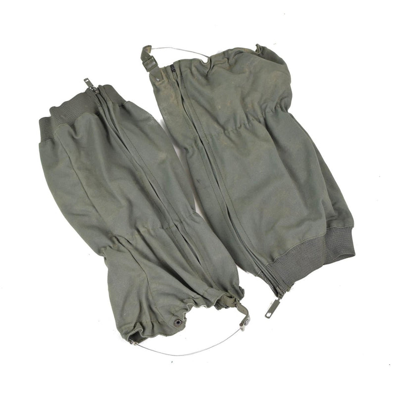 Pair of authentic French military olive drab combat gaiters with side zippers and adjustable cords.