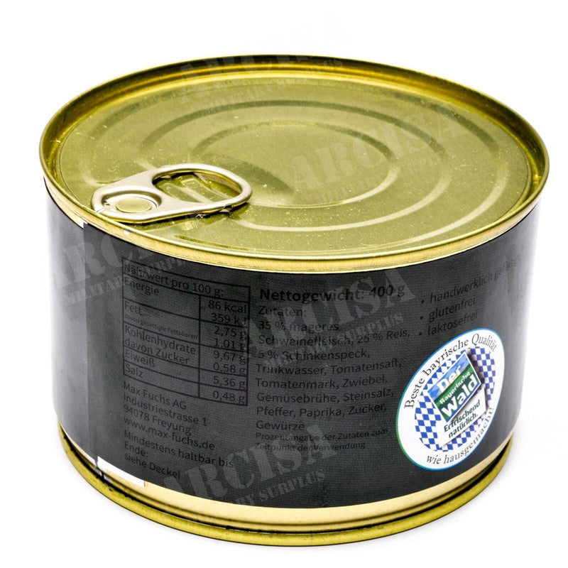 Notration Armee Überlebensnahrung Konserve Serbisches Schweinefleisch mit Reis 400g Dose