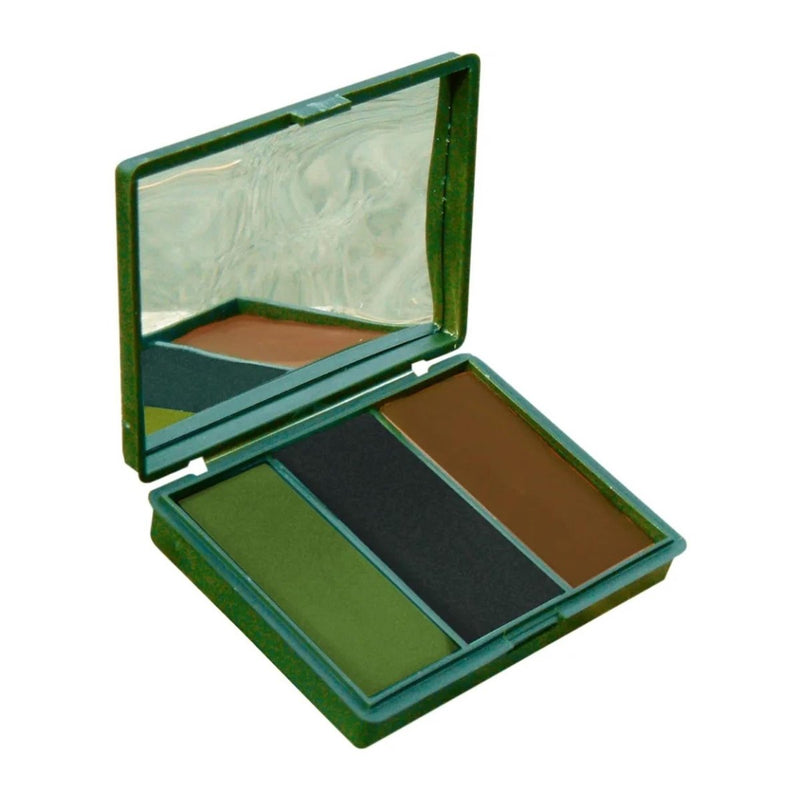 Makeup palette with green, brown, and black shades in a compact case on a white background