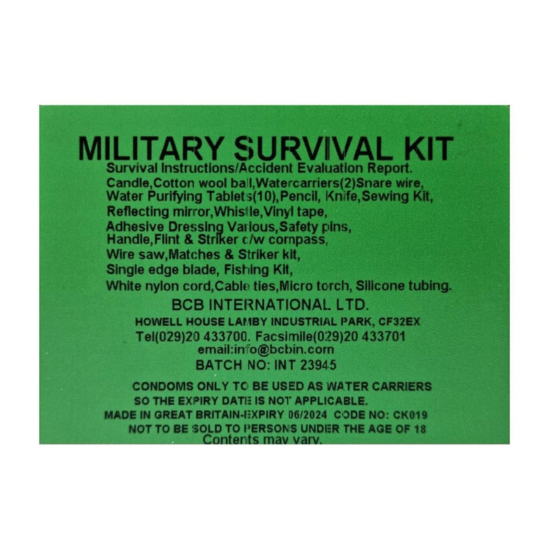 Green label with black text detailing a military survival kit on a white background