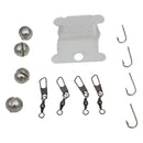 Fishing accessories including sinkers, swivels, and hooks on a white background