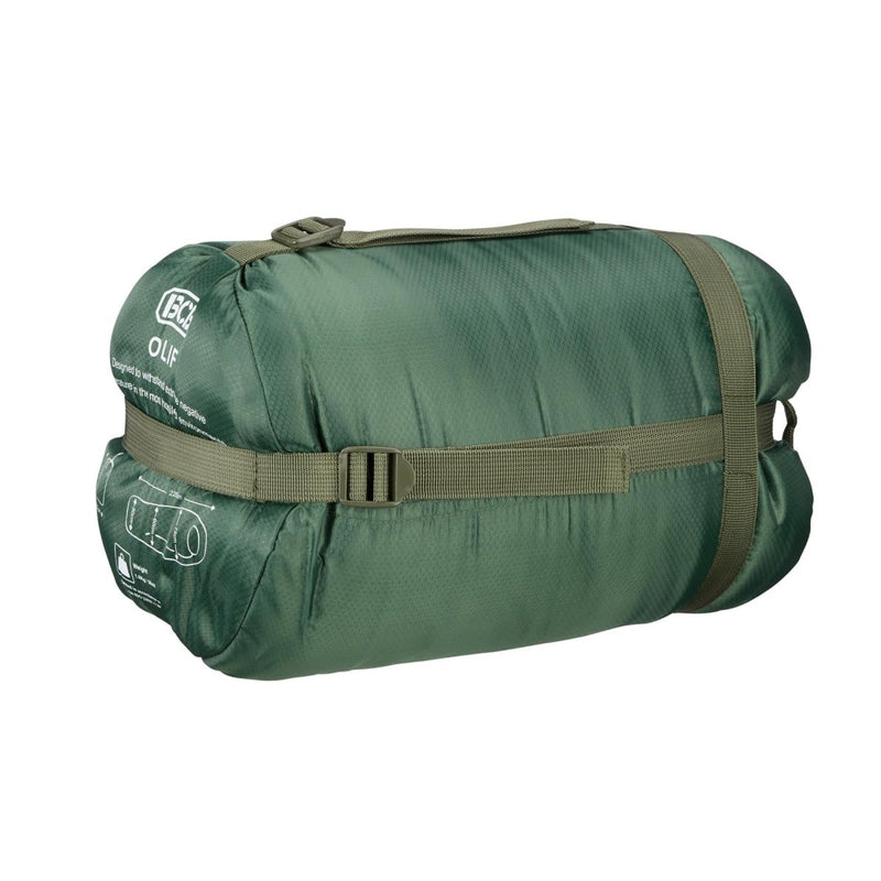 Compact green BCB The Olif 5 summer sleeping bag in compression sack, water resistant and breathable for camping.