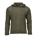 Olive green Blochl military-style fleece jacket with hood, reinforced shoulders and elbows, and front zipper pockets.