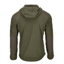 Back view of Blochl olive military-style fleece jacket with hood and reinforced shoulders and elbows.