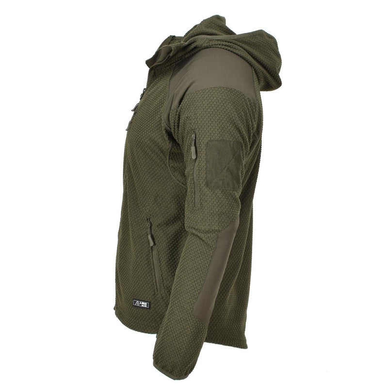 Olive green Blochl military style fleece jacket with hood, reinforced shoulders and elbows, side and arm pockets, thermal lining.