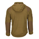Back view of Blochl Brand military style hooded thermal fleece jacket in coyote with reinforced patches on sleeves and shoulders