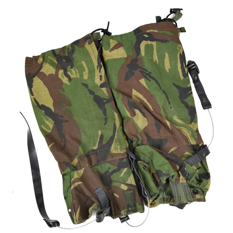 British Army gaiters in DPM Woodland camouflage with durable steel wire straps and zip closure for wet weather protection