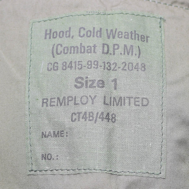 Close-up of fabric label for British Cold Weather Combat DPM hood size 1 made by Remploy Limited.