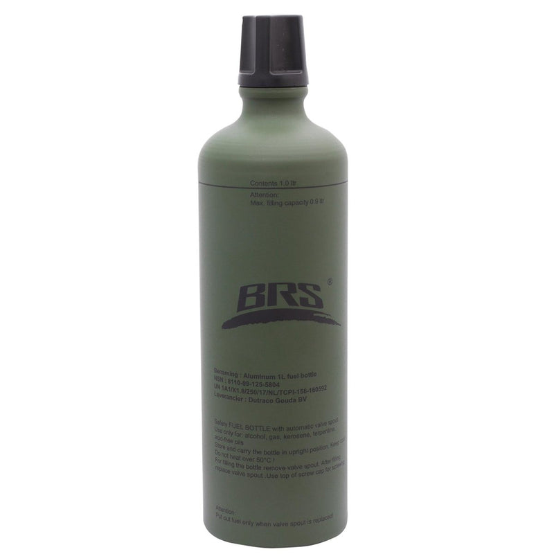 Olive green BRS 1 liter aluminum fuel bottle with screw-on nozzle cap for storing and dispensing liquid fuels