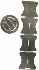 Foldable stainless steel camping stove parts laid flat with circular base for portable outdoor cooking.