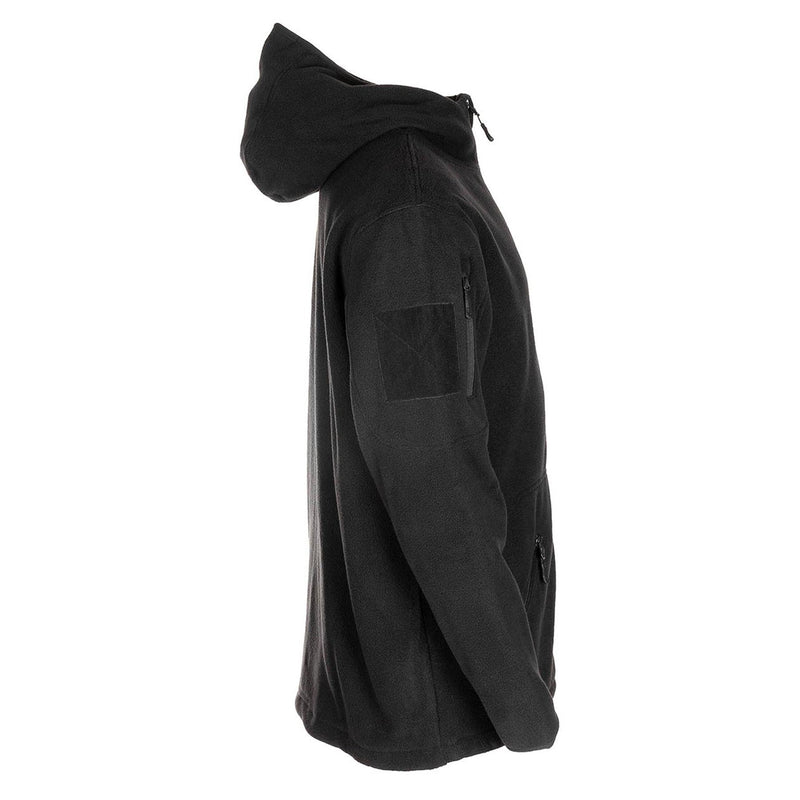 MFH Militärische schwarze taktische Fleecejacke mit Thermo-Kapuze und elastischem Saum NEU