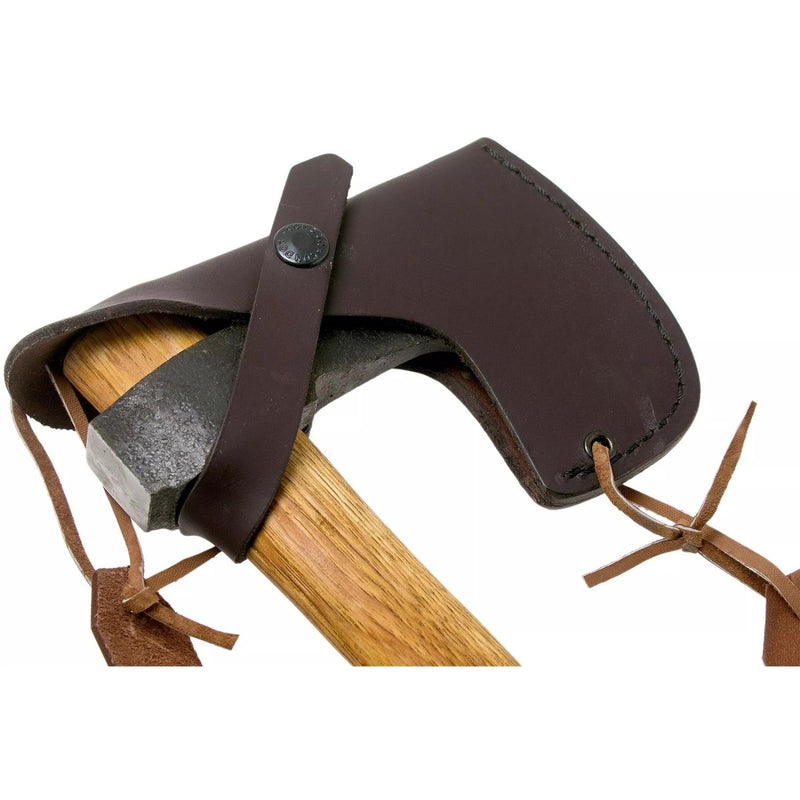 Condor Bushcraft Tomahawk with hickory handle and leather sheath for outdoor use and easy field replacement.