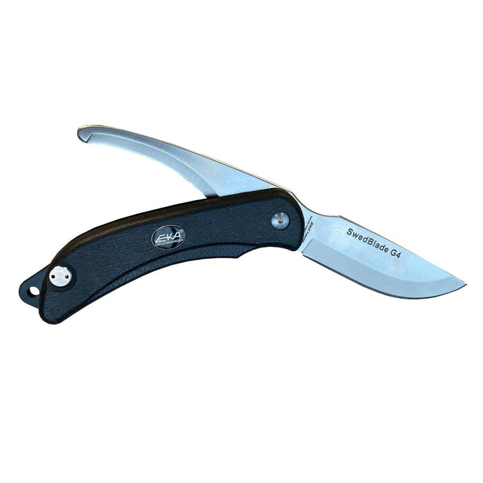 EKA SwedBlade G4 two-blade folding knife with black ergonomic handle and sharp stainless steel blades open against white background