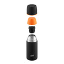 Black ESBIT stainless vacuum flask 750ml with orange inner mug and secure pouring cap, disassembled view