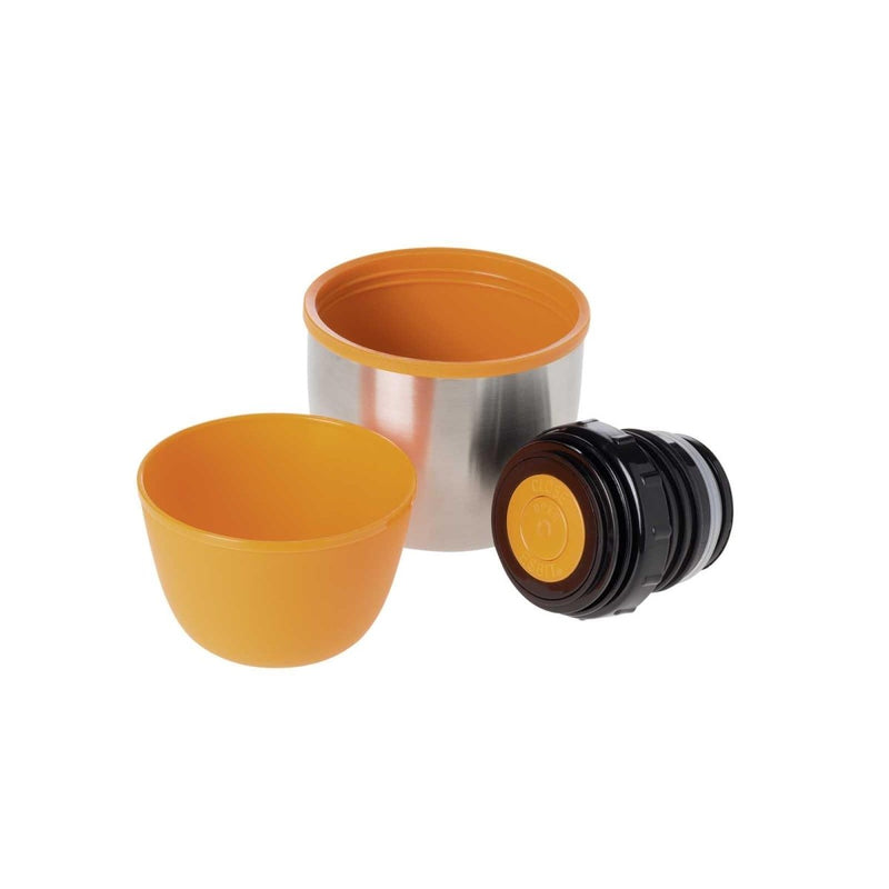 ESBIT stainless steel vacuum flask parts including orange drinking mug and black pouring cap on white background